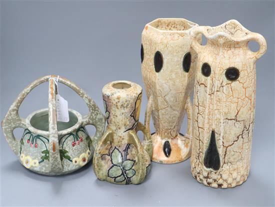 An Amphora style basket, a similar vase and two lava-glazed vases